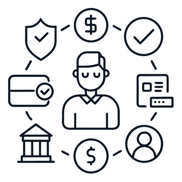 A central male figure is surrounded by a circular sequence of black outline icons including a bank and a shield on a white background.