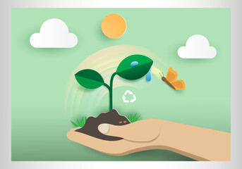 Fototapeta premium Paper art sustainability concept with hand holding soil and growing plant, recycling and eco friendly environment