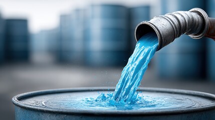 Fototapeta premium Blue liquid pouring into a barrel illustrating chemical processing, industrial solutions, and hazardous material handling
