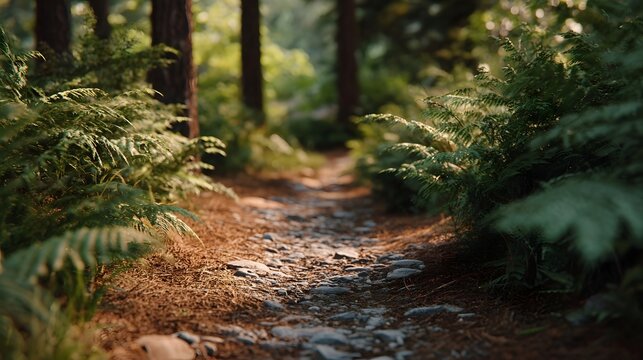 A sun d d forest trail winds through lush green ferns and tall trees inviting explo n into nature s serene beauty