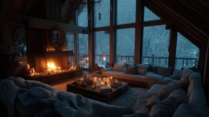 Naklejka premium Cozy Cabin Interior with Fireplace and Snowy View, Evoking Warmth and Relaxation