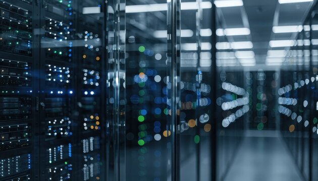 Medium shot of a sleek data center with blurred servers in the background highlighting blockchainbacked property lien records for secure real estate credit verification.