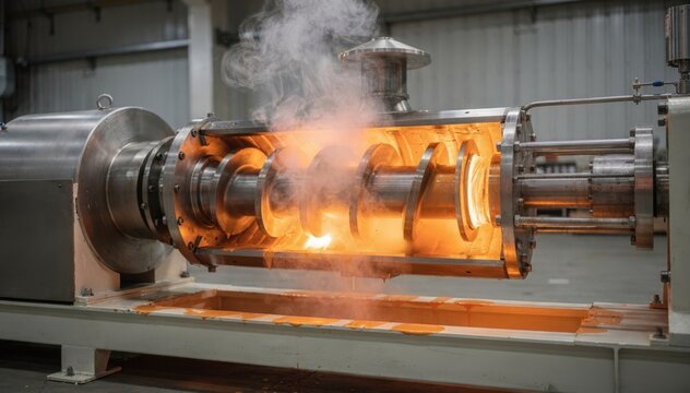 Vented twinscrew extruder operation from the side capturing the release of gases while molten polymer is continuously processed for enhanced quality.