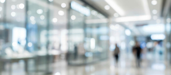 Obraz premium Blurred image of a modern shopping mall interior, featuring glass storefronts and people walking. The scene conveys a sense of shopping and consumer activity.