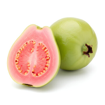 Pink Guava Fruit Whole and Halved on White Background.