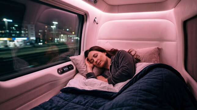 Woman sleeping on bed in modern train compartment at night. Comfortable travel in sleeper carriage with neon lighting. Innovative transportation and luxury interior for evening journey.