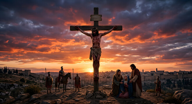 Dramatic depiction of Jesus Christ on the cross at sunset, with Mary and John mourning, Roman soldiers and a horse in the background, symbolizing sacrifice and redemption.