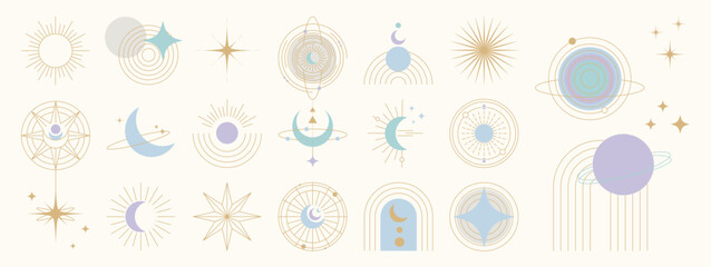 Mystic celestial symbols vector set. Minimal sun, moon, star, and arch elements in cream, sand, lavender, pale blue, and gold for boho decor, spiritual branding, and abstract design. © TWINS DESIGN STUDIO