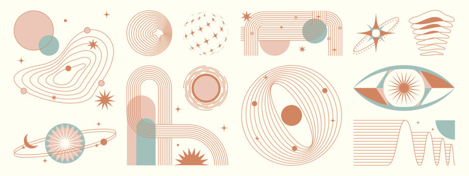 Abstract celestial geometric elements vector set. Mid century modern boho line art collection with pastel beige, terracotta, sage, and gold shapes for wall decor and branding.