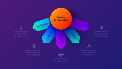 5 step radial arrow infographic diagram with central circular hub and five branching directional segments © abert84