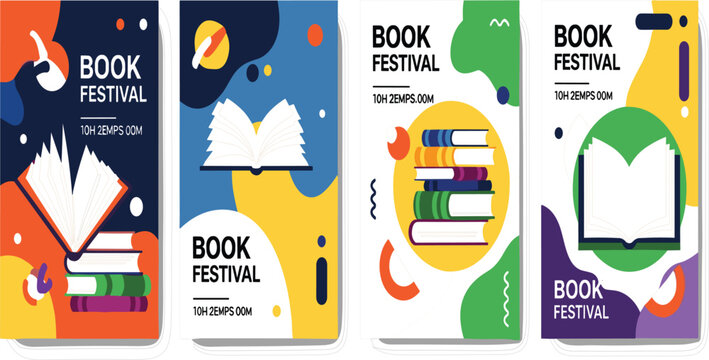 Colorful Book Festival Social Media Story Templates with Modern Abstract Shapes, Open Book Illustrations, and Stack of Books for Reading Event Promotion Design