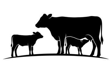Fototapeta premium Cow and calf silhouette farm animal family livestock vector illustration