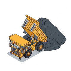 Isometric Illustration of a Yellow Mining Dump Truck Unloading. © Akuu