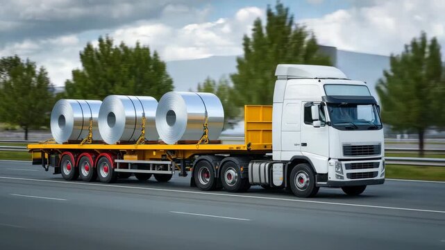 Steel coils on truck trailer in transit, chains and industrial securing visible, highway background, logistics, supply chain operation for manufacturing, clean and detailed industr