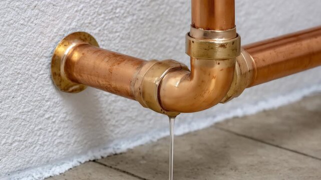 Top-down view of copper pipes along unfinished wall, elbow and T-joints, polished metallic textures, indoor renovation, macro shot