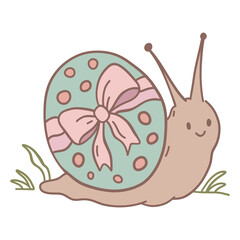 Cute snail with easter egg illustration, kawaii spring animal with decorated egg shell, pastel nursery clipart, adorable funny character for easter cards, kids design, and children's book © Anna (Bile Platno)