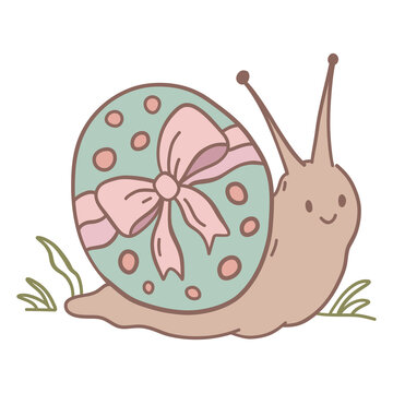 Cute snail with easter egg illustration, kawaii spring animal with decorated egg shell, pastel nursery clipart, adorable funny character for easter cards, kids design, and children's book