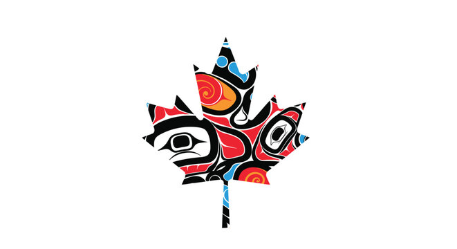 Stylized maple leaf icon filled with traditional indigenous Canadian art patterns in red, black, and blue colors on white.