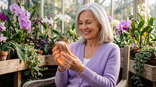 Senior woman checking heart rate on a portable device in a greenhouse. Happy retiree monitoring wellness with digital health monitor. Technology for healthy aging and active lifestyle.