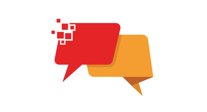 Two overlapping speech bubbles in red and orange colors with digital pixel effects for modern chat and technology concepts.