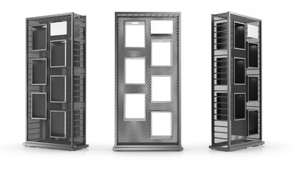 Set of metal display stands with square compartments in white, gray or black, LED lighting on top of each shelf, and diamond mesh front and back walls. 3d illustration on white background © Wire_man