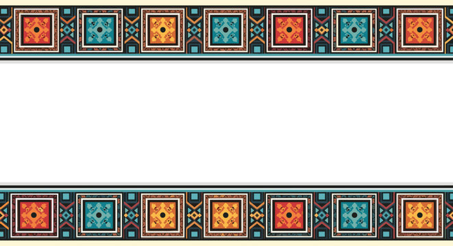 Vibrant ethnic geometric border featuring colorful square patterns in blue orange and red tones with a central white copy space.