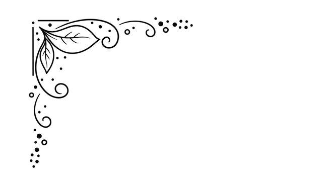 Delicate black line art corner ornament featuring leaves scrolls and decorative dots ideal for card borders and page decorations.