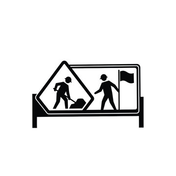 Black and white road sign with construction workers and flagger