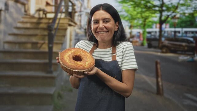 Woman baker holding a round cake with hands and laughing while presenting it on a street stoop; joy pride craft.