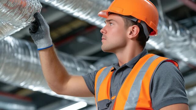 Worker laying ventilation duct pipes, side view, indoor ceiling installation, detailed mechanical engineering project