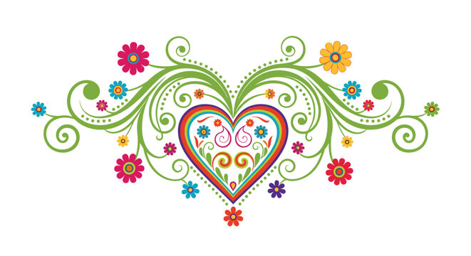 Vibrantly colored ornate heart with green vine scrolls and multi-colored flowers in a folk art style on a clean white background.