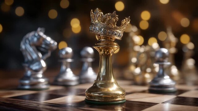 262Golden king chess piece standing victorious among silver and gold pawns and knights, dramatic lighting highlighting metallic reflections, symbolizing leadership, teamwork, and busi