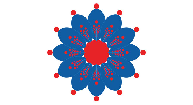Symmetrical blue and red mandala flower design with multiple layers of petals and decorative dots isolated on a plain white background.
