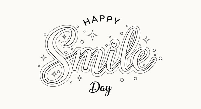 Happy smile day text in a decorative outline script font surrounded by small stars and circles on a clean light cream background.