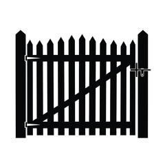 Black silhouette of a wooden picket fence gate with diagonal brace