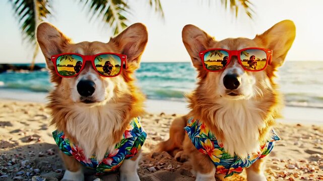 Two corgi dogs wear sunglasses on beach. Corgi pair in hawaiian shirts sit by ocean. Dogs with sunglasses enjoy tropical beach. Corgi duo poses on sand. Beach vacation with two happy dogs.