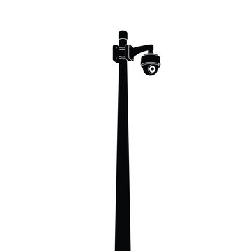 Black pole mounted security camera against white background