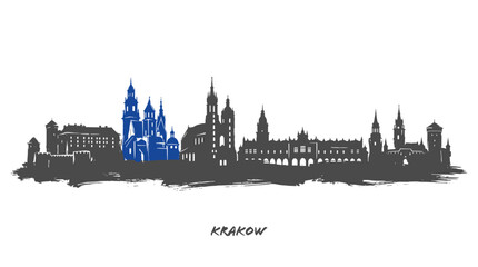 Fototapeta premium Striking silhouette of the Krakow skyline featuring iconic buildings highlighted in vibrant blue against a white background.