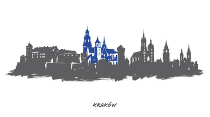 Obraz premium A stylized silhouette of the Krakow skyline, featuring prominent buildings like Wawel Castle, with a section highlighted in blue.