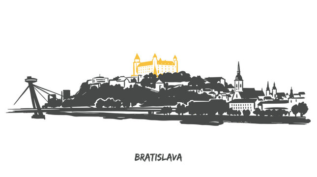 Hand-drawn sketch of Bratislava cityscape with the iconic castle and UFO bridge, showcasing the capital of Slovakia.
