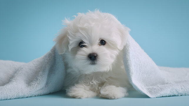 adorable white Maltese puppy peeks out from under a soft white towel against a light blue background. This charming image captures the puppy's innocence and playful spirit