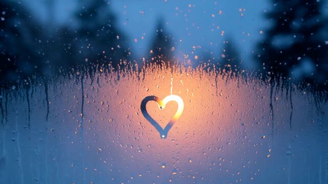Heart shape on foggy window with glowing light outside