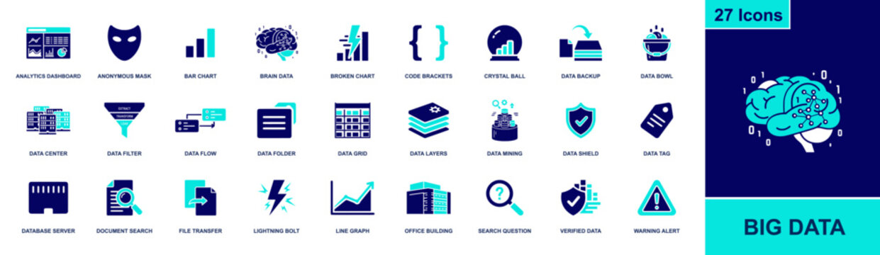 Big data icon set. Containing analytics dashboard, data center, filter, flow, database, mining, backup, security shield, code brackets, warning and more. Solid fill vector icons collection.