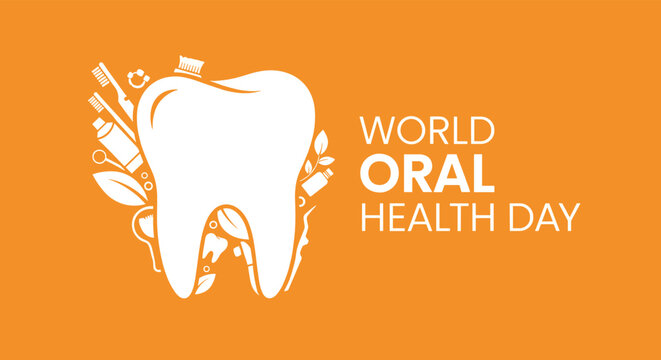 Vibrant World Oral Health Day graphic featuring a white tooth icon surrounded by toothbrush toothpaste and leaf elements.