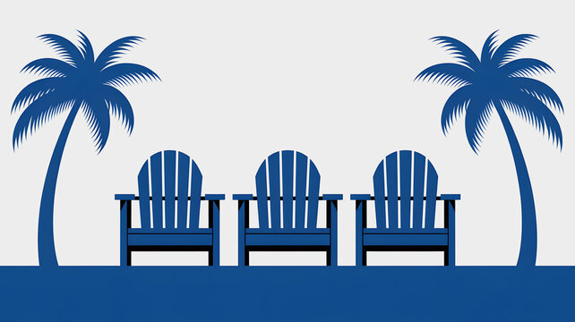 Three typical Greek blue tavern chairs in a row, surrounded by palm trees on a white background. Minimalist silhouette.