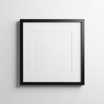 A black picture frame with a white matte hanging on a wall.