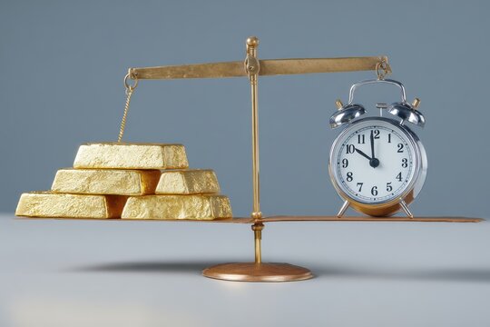 Balancing Time and Wealth: Gold Bars and Alarm Clock on Scales, Representing Investment and Priorities