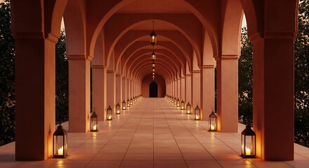Obraz premium A serene and majestic arched walkway with warm lantern lighting