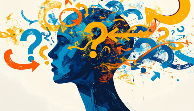 Abstract Flat Illustration of Confusion Concept Question Marks Arrows Bold Blue Orange