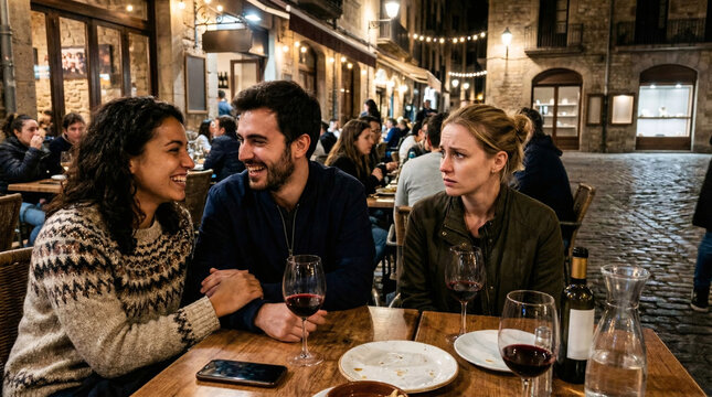 Man laughing with woman while another woman sits alone at table in outdoor restaurant. Social awkwardness and exclusion concept in group dinner. Relationship conflict during night outing.